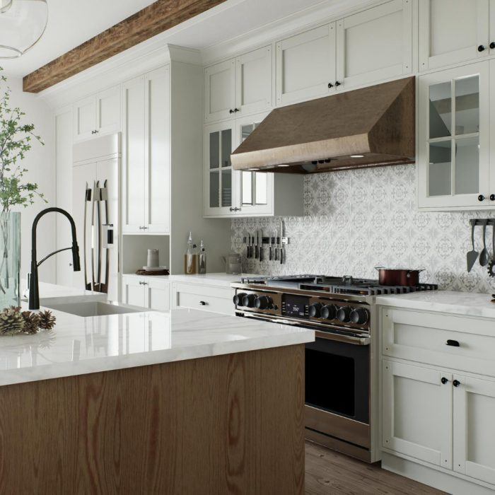 complete kitchen renovation with ambient recessed lighting and accent lighting in glass cabinets
